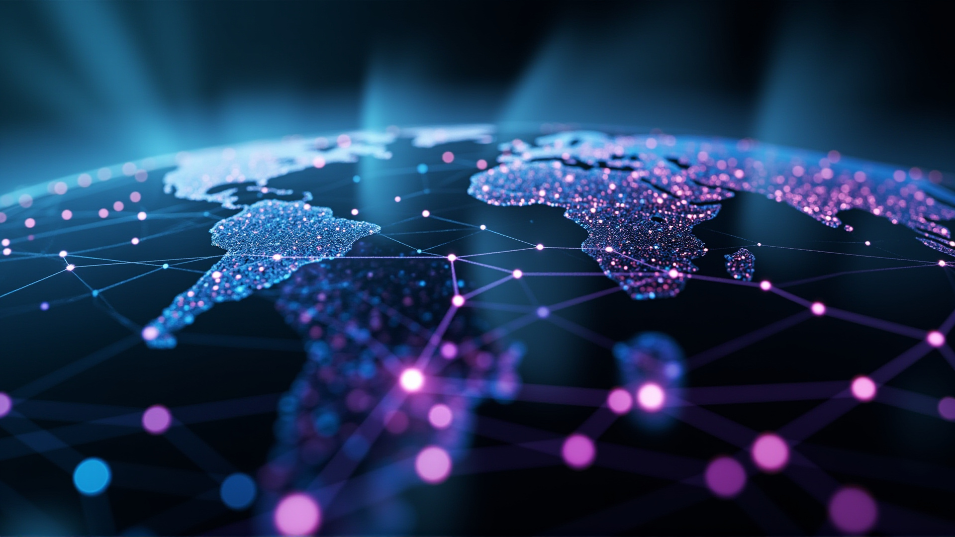 Commanding visual of global network nodes interconnected across continents, conveying sovereign-scale operations